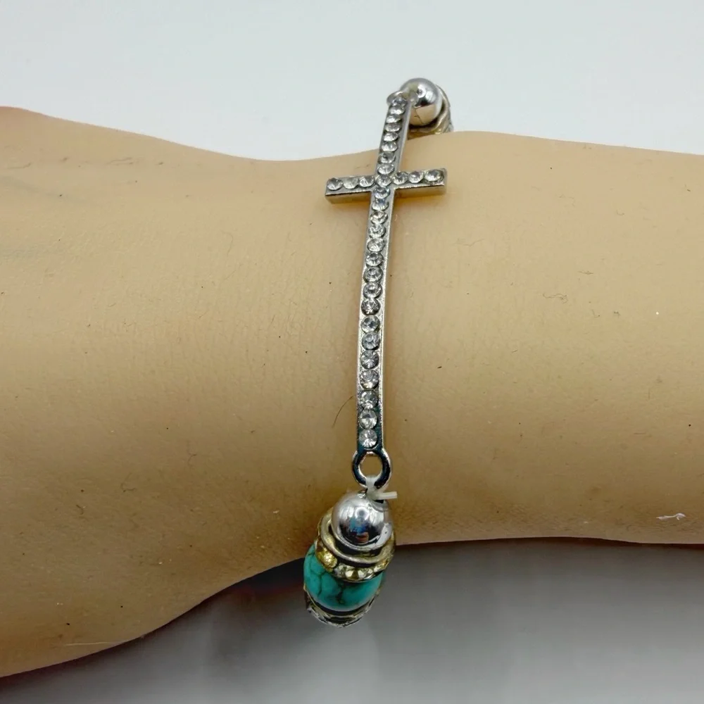 Sideways Cross Stretch Bracelet with Turquoise Beads & Crystal Rhinestones